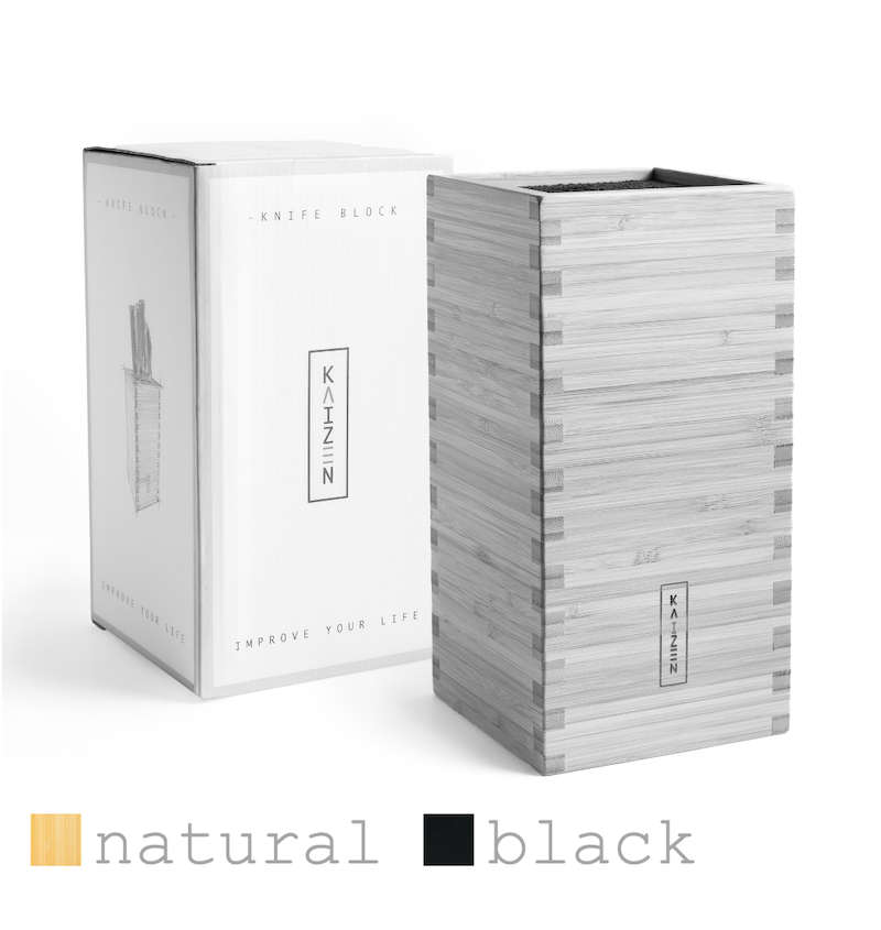 KAIZEN bamboo knife block available in natural and black – eco-friendly, space-saving kitchen organizer